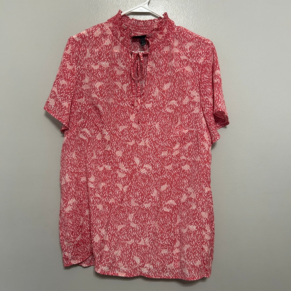 Lane Bryant Blouse 12 Coral Pink Abstract Smocked Tie Neck Cottagecore Boho Chic